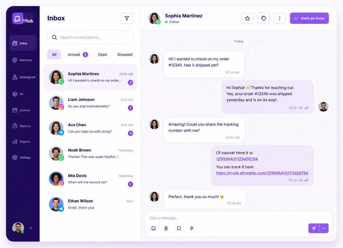 Tela do inbox unificado do Kommo com conversas de vários canais