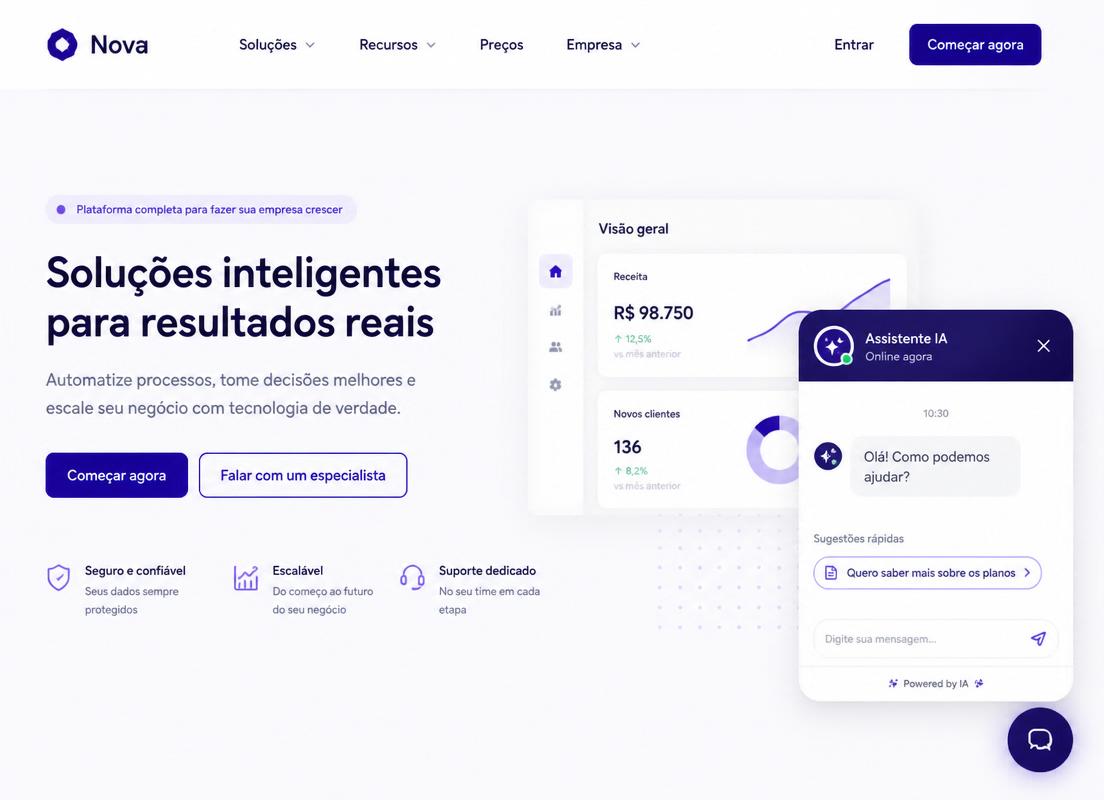 Widget de chat do Kommo em um site exemplo